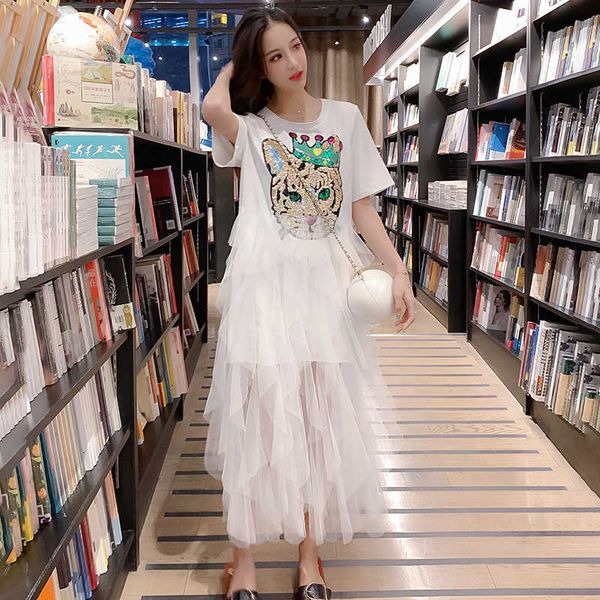 

fashion brand summer sequined print dress tee long mesh patchwork es loose white women 210601, Black;gray