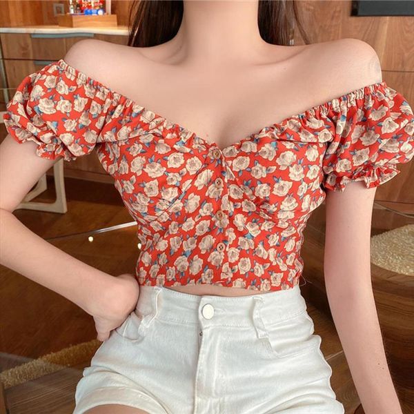 

fashion casual floral print womens shirts short sleeve v neck off shoulder crop button blouse female beach, White