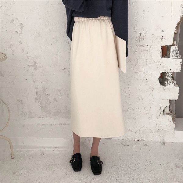

korean streetwear solid a-line ol elegant woolen vintage women high waist retro skirt female long skirts 210421, Black