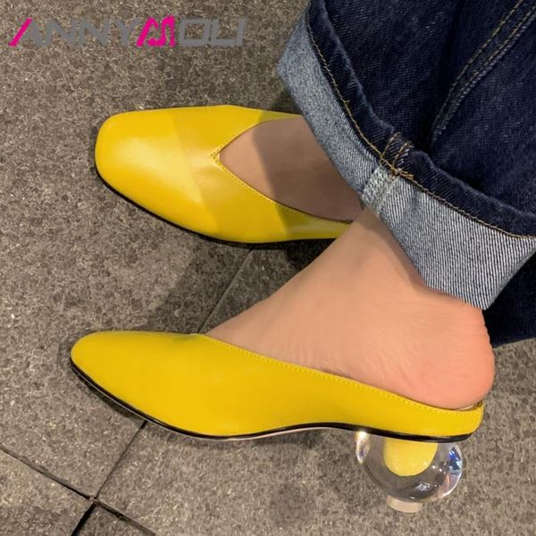

dress shoes annymoli pumps woman mules real leather high heels square toe crystal strange style heel footwear female yellow 40, Black