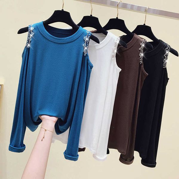 

off shoulder t-shirt women fashion autumn modal cotton t shirt long sleeve plus size casual soft tee shirt femme 210604, White