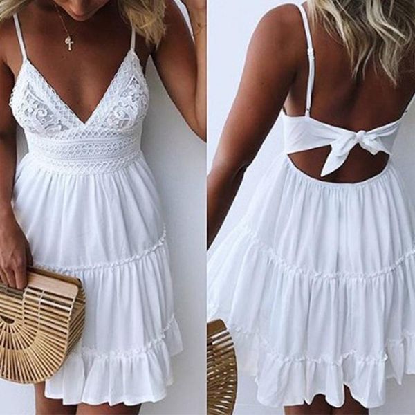 

summer women deep v neck solid color back bowknot beach sundress spaghetti strap dresses women's swimwear, White;black