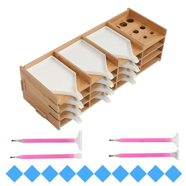 

diamond painting multi-layer wooden rack 5d diy tool storage tray drilling pen organizer embroidery accessorie 9-16 grid