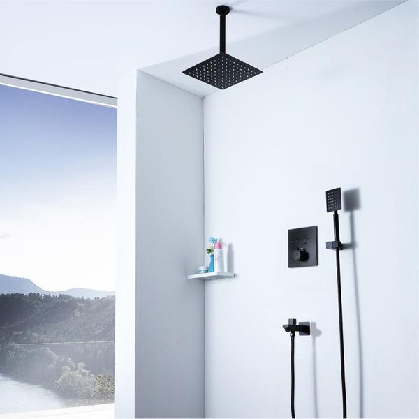 

matte black ceiling/wall mounted shower set with 2 mode square spray bathroom 10 inch sets