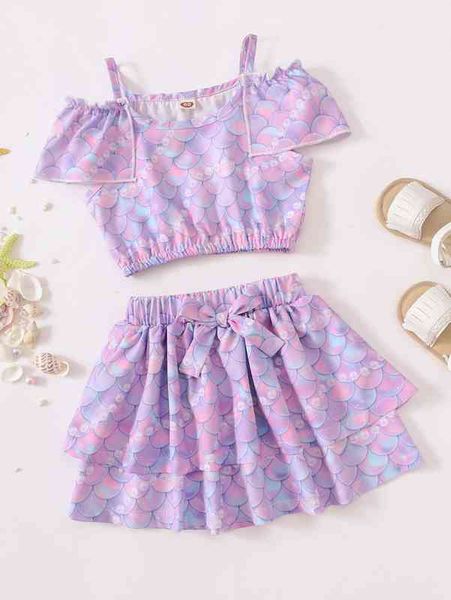 

baby fish scales print cold shoulder & knot layer hem skirt she, White