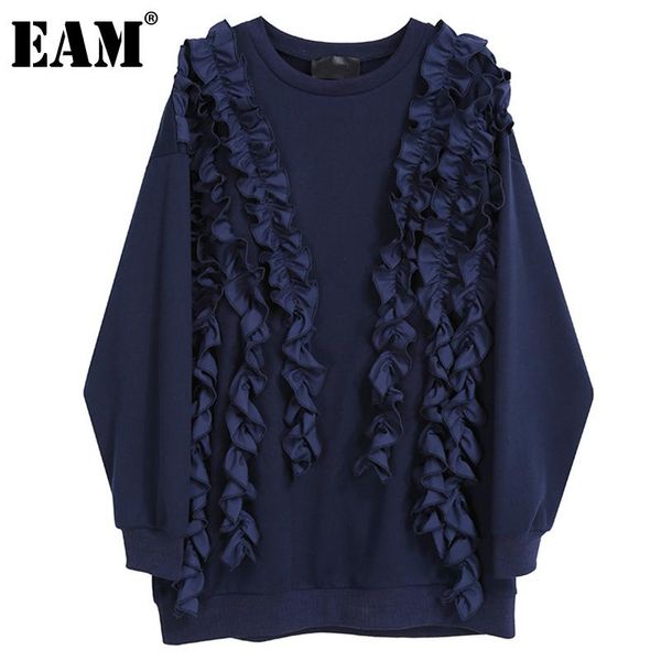 

[eam] loose fit blue ruffles long sweatshirt round neck sleeve women big size fashion tide spring autumn 2021 1dd4071 women's hoodies &, Black