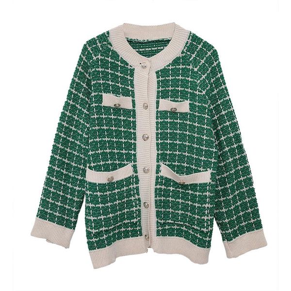 

women's jackets [ewq] autumn 2021 outerwear patchwork green tweed coat pink overcoat long sleeve plaid oversize knit tide ladies jacket, Black;brown