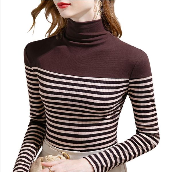 

women's t-shirt women tees base fashion turtleneck t shirt casual long sleeve striped slim shirts pullover office lady korean spring a, White