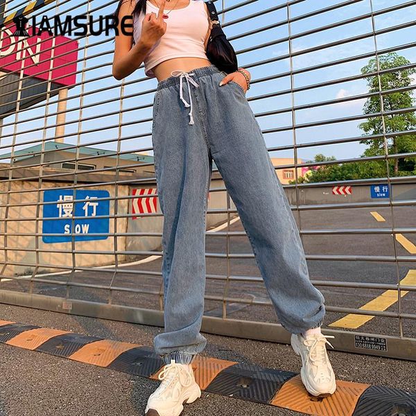 

women's pants & capris iamsure drawstring high waist casual loose female jeans harem 2021 autumn streetwear fashion baggy demin for wom, Black;white