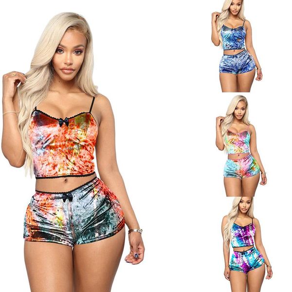 

women's tracksuits summer women velvet tie dye print two piece set club party tank shorts suit tracksuit, Gray