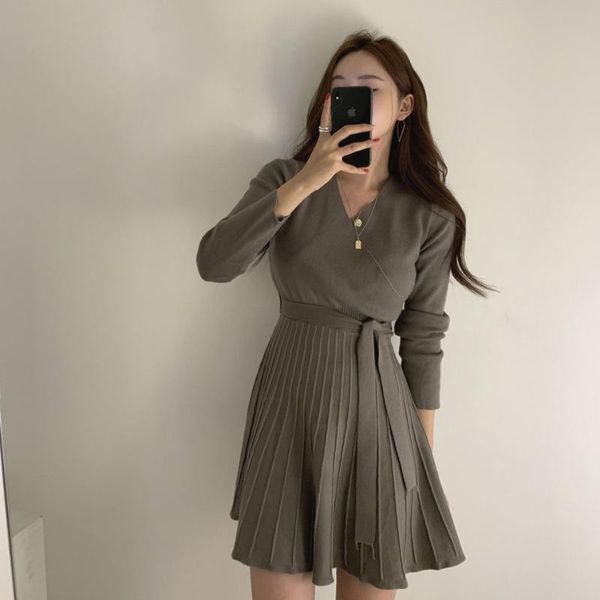 

casual dresses women knitted dress long sleeve v-neck korean chic tunic high waist solid knittwear autumn winter mini, Black;gray
