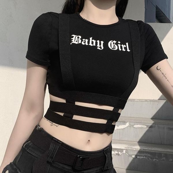 

women's t-shirt stripe hollow out letter print elastic band t shirt femme summer clothes gothic black short sleeve crop woman female, White