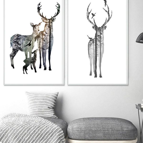 

paintings nordic style forest deer creative poster canvas print minimalism abstract wall art painting decorative modern home deco