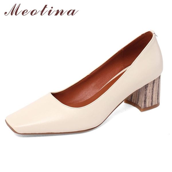

dress shoes meotina women genuine leather high heel pumps square toe thick heels shallow footwear female autumn beige large size 40, Black