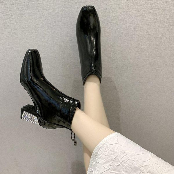 

boots 2021 ladies fashion rhinestone square high heels zipper ankle patent leather crystal winter shoes, Black