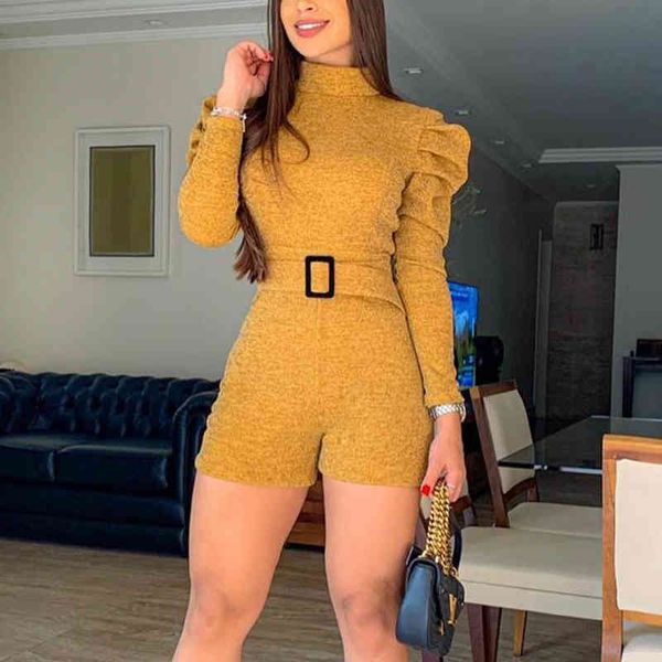 Glamaker LureX Amarelo Bodycon Curto Jumpsuit O Pescoço Longo Buff Manga Cinto Elegante Mulheres Jumpsuit Outono Inverno Sexy Jumpsuit 210412