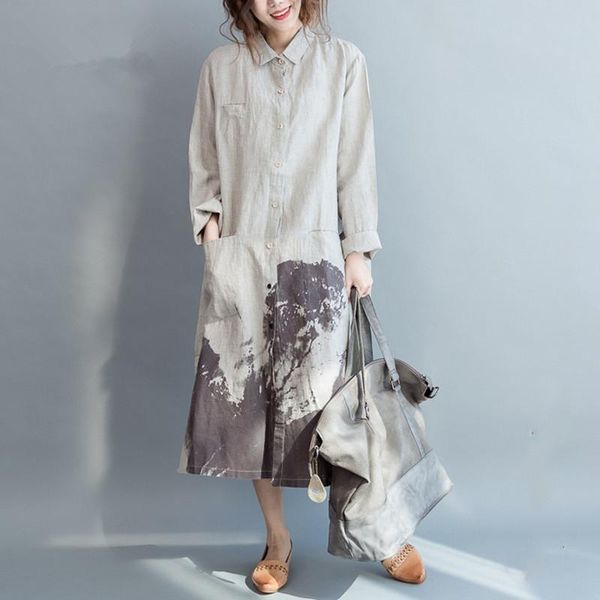 

casual dresses women shirt dress long sleeve linen cotton vintage summer white patterns office korean kimono, Black;gray