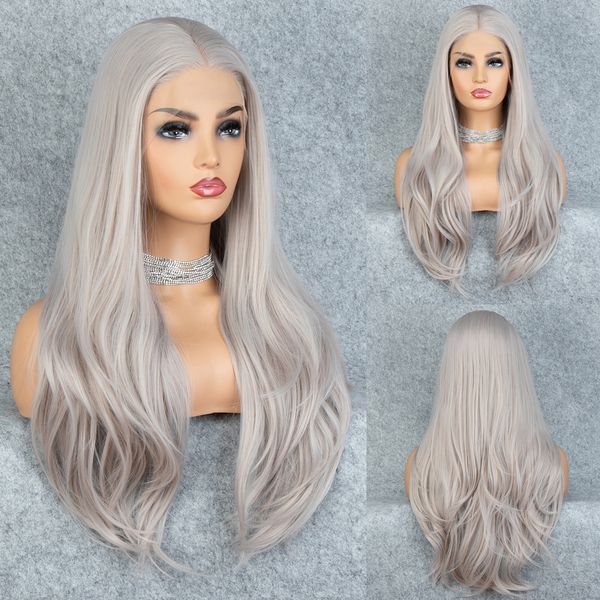 

lx brand sliver grey synthetic lace front wig natural straight platinum long hair wigs for women cosplay high temperature hairfactory direct, Black