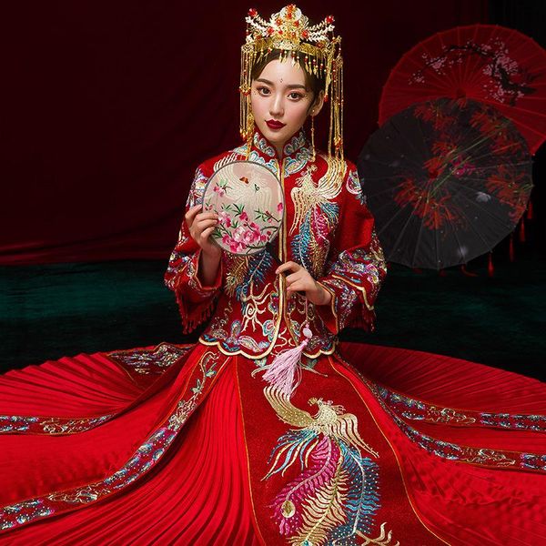 

chinese women embroidery phoenix burgundy cheongsam wedding dress vintage slim qipao suit noble marriage classic toast clothing ethnic, Red