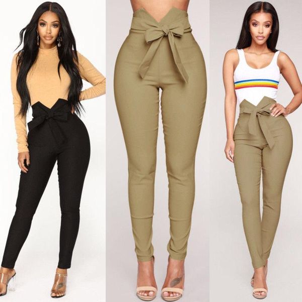 

women's pants & capris casual women high waist fashion ladies bowknot long slim skinny bandage elastic pencil trousers with sashes, Black;white