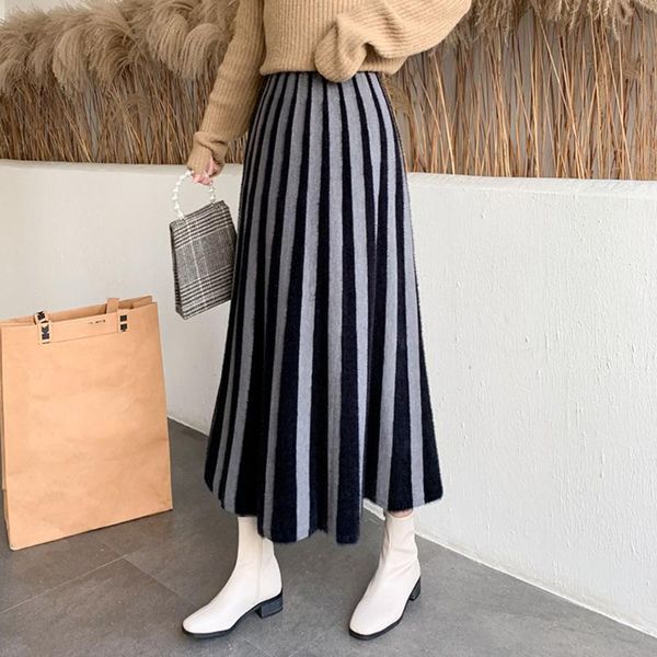 

long skirt a-line knit 2021 stripe elegent autumn winter wear fashion casual thicken warm all match high waist slim fall skirts, Black