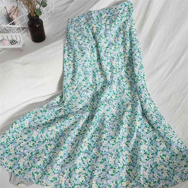 Chiffon Rock Frauen Hohe Taille Grün Floral Lange A-linie Vintage Elegante Plissee Maxi Sommer Strand Tragen Urlaub 210529