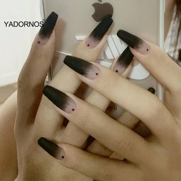 

false nails fake nail tips full cover acrylic gradient black square head stickers glue type finished 24 patch ty, Red;gold