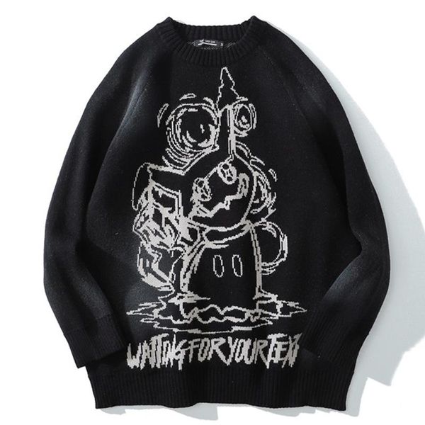 

men's sweaters funny cartoon jacquard black sweater mens casual round-neck cotton knitted pullover woman oversized lazy style fall knit, White;black