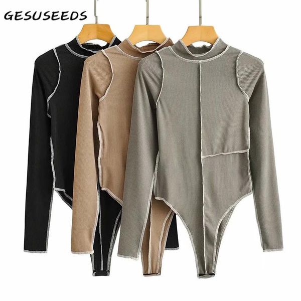 

bodysuit bodycon one piece outfit women black turtleneck knitted patchwork romper spring gray body suit streetwear women's jumpsuits &, Black;white
