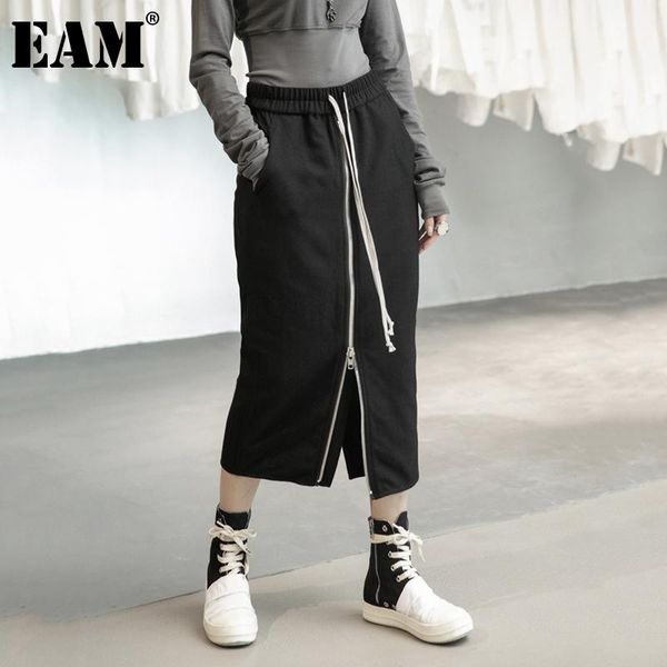 

[eam] high elastic waist zipper back split drawstring woolen half-body skirt women fashion tide autumn winter 2021 1dd1631 skirts, Black