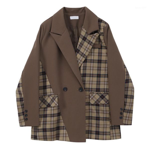 

women's suits & blazers spring autumn women blazer patchwork color matching coffee jackets irregular all match casual loose suit coats, White;black