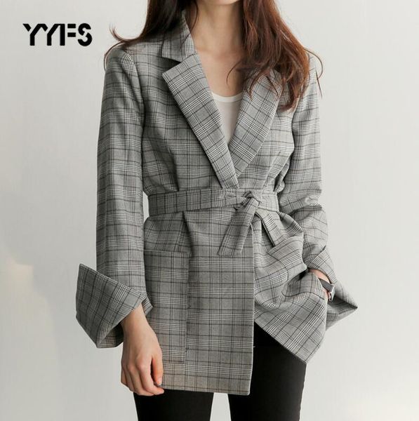 

women's suits & blazers blazer mujer 2021 womens gray plaid office autumn fashion bow sashes split sleeve jackets elegant work feminino, White;black
