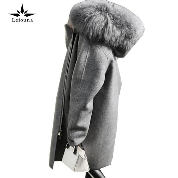 

women's wool & blends leiouna elegant gray winter woolen jacket long fur hooded warm coat loose parka female outerwear plus size 5xl, Black