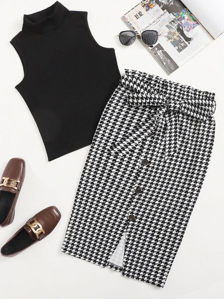 

funnel neck tank & houndstooth print paperbag waist belted skirt set g9lq#, White