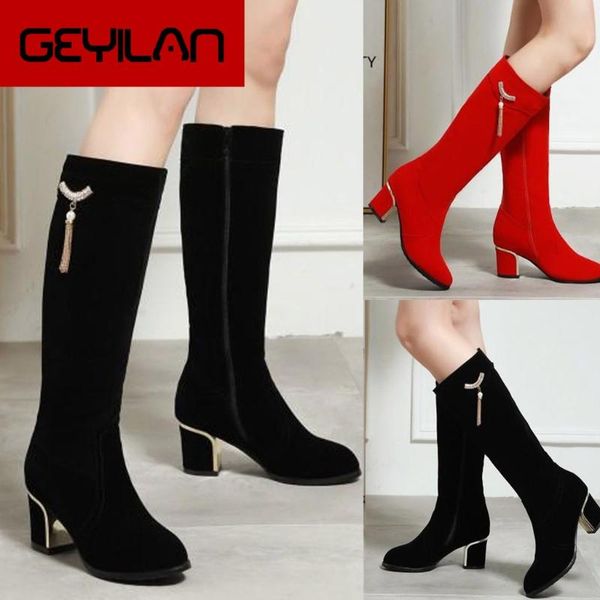 

boots women fashion suede high pointed thick with heel warm snow plus size 43 rubber flock shoes british style, Black