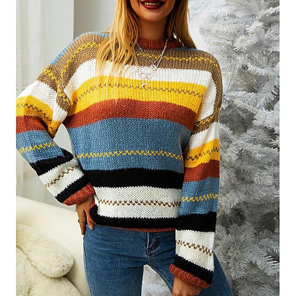 

women's blouses & shirts 2021 autumn and winter knitwear city leisure loose shirt color stripe stitching sweater women, White