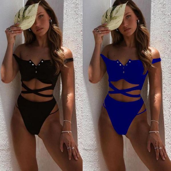 

factoryh8if buttons solid swimwear set women swimsuit push up bikini 2019 high waist women's swimming suit beach swim, White;black