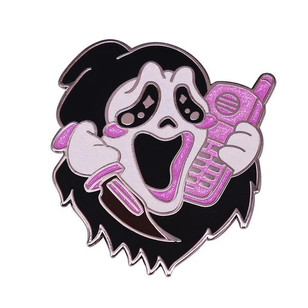 

pins, brooches murders scream killer calls enamel pin glitter pink brooch halloween scary movie badge, Gray