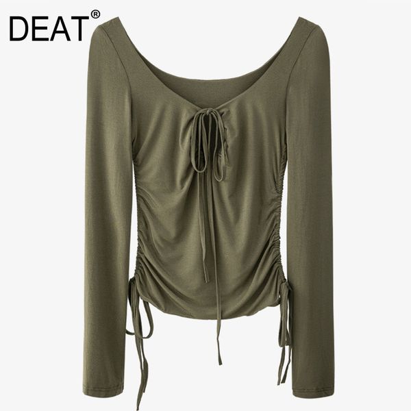 

summer fashion women clothes round neck full sleeves drawstring slim pullover elastic t-shirt wr16601l 210421, White