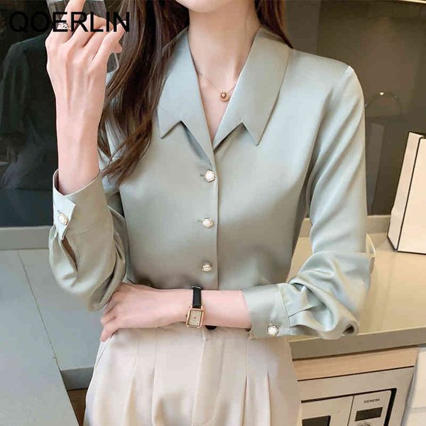 

qoerlin plus size business workwear white shirts long sleeve satin shirt female commuter elegant draped texture solid blouse 210416