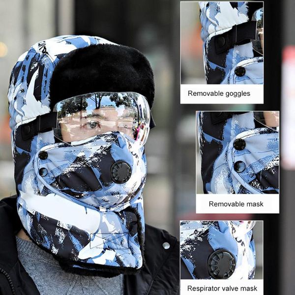 

trapper hat men's winter ear protection face hats with mask thicker plus cotton polyester warmly women's earmuffs ski cap cycling, Black