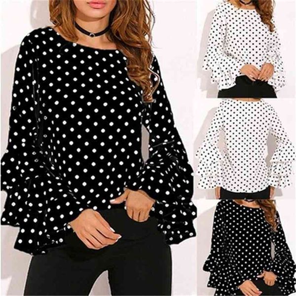 

women polka dot blusas shirts spring fashion o neck long sleeve blouse femininas casual plus size 4xl 5xl shirt 210401, White