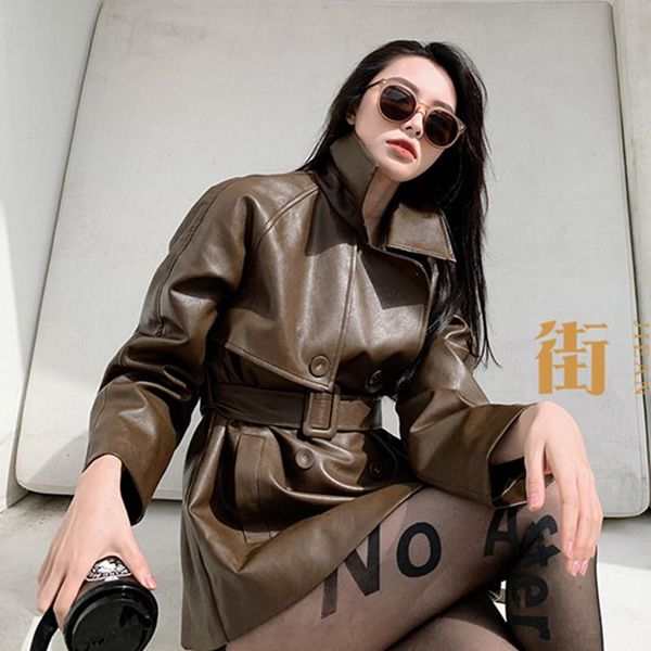 

women's leather & faux winter thick lining cotton coat double-breasted mid-length pu jacket women autumn loose ns1763, Black