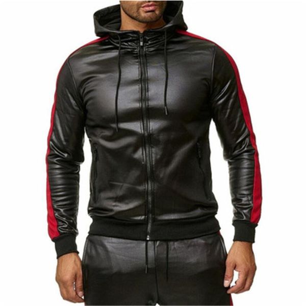 

mens pu faux leather jackets fashion trend splicing long sleeve cardigan zipper hooded coats designer male autumn casual slim outerwear, Black