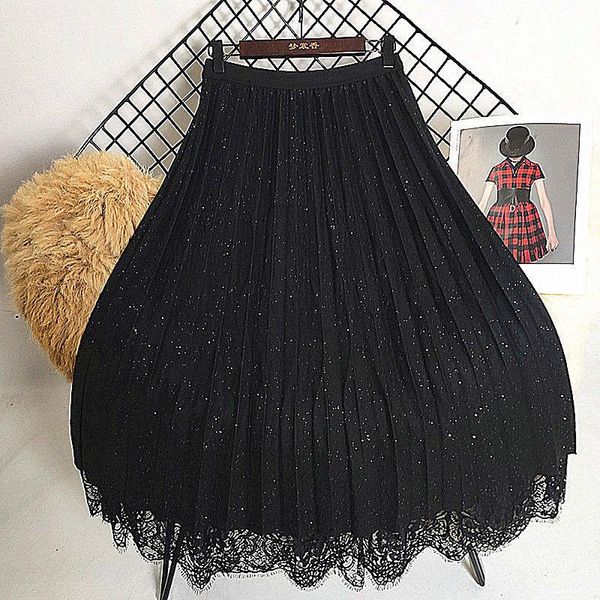 

skirts double-sided pleated skirt high waist lace mesh long large hem woman mujer faldas saias mulher, Black