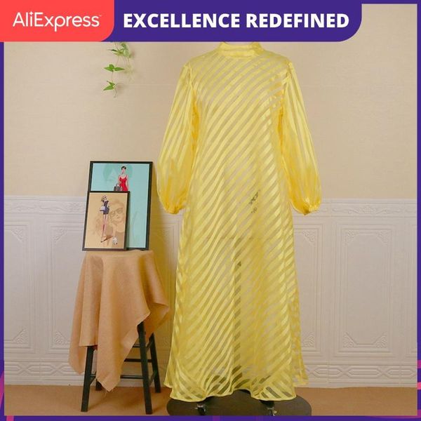 

casual dresses yellow shirt plus size 4xl long sleeve see through striped stand collar a line oversized transparent summer robes, Black;gray
