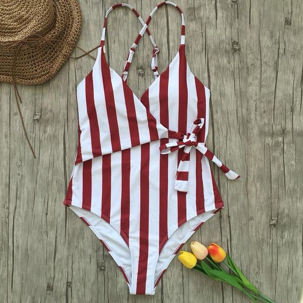 

one-piece suits striped low back swimsuit women burgundy deep v neck monokini beach padded bathing suit swimwear xxl