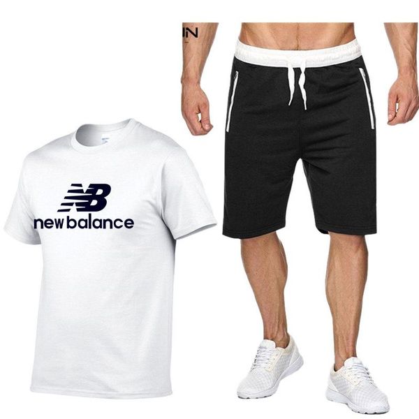 

summer beach fashion leisure sports fitness jogging t-shirt shorts men's suit color matching 2-piece set gym clothing, White;black