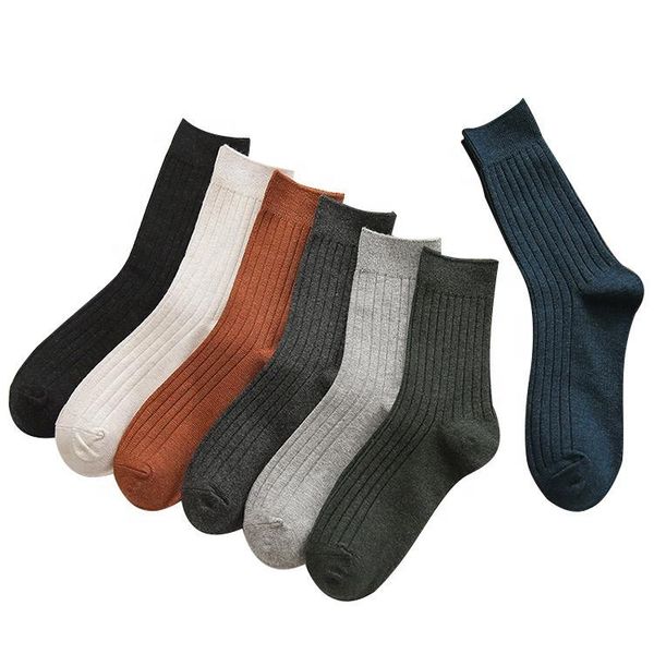 

men's socks pure color classic cotton mid-tube double needle leisure, Black