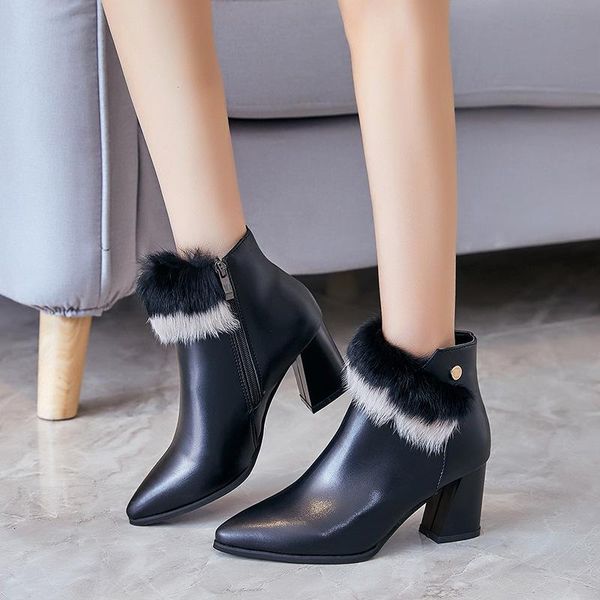 

boots shoes for women 2021 winter pointed toe ankle casual high heel wedges boot chaussures femmes automne hiver-138, Black